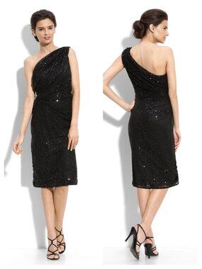 Tadashi Shoji One Shoulder Mesh Sequin Dress Sz L Black
